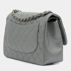 Pre Owned Chanel Silver Jumbo Classic Lambskin Double Flap