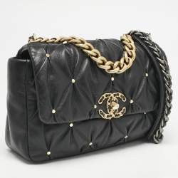Chanel Black Quilted Leather Studded Small 19 Flap Bag