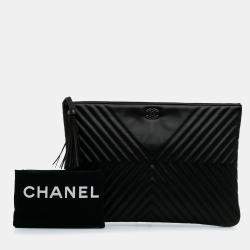 Chanel Black Large Diagonal Chevron Calfskin Tassel O Case Clutch