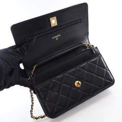 Chanel Black Lambskin Pearl Crown Wallet On Chain (WOC)