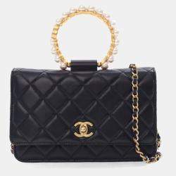 Chanel Black Lambskin Pearl Crown Wallet On Chain (WOC)
