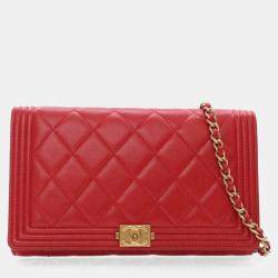 Chanel Red Lambskin Boy Wallet With Chain