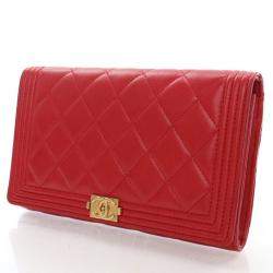 Chanel Red Lambskin Boy Wallet With Chain