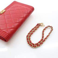 Chanel Red Lambskin Boy Wallet With Chain