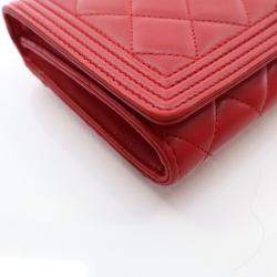 Chanel Red Lambskin Boy Wallet With Chain
