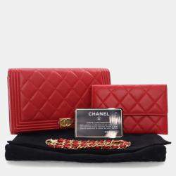 Chanel Red Lambskin Boy Wallet With Chain