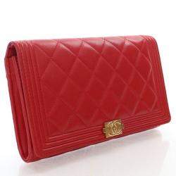 Chanel Red Lambskin Boy Wallet With Chain