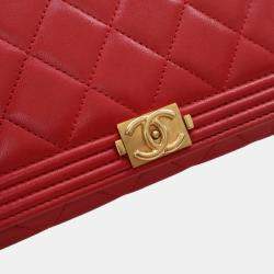 Chanel Red Lambskin Boy Wallet With Chain