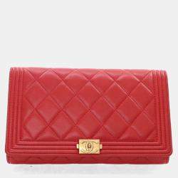 Chanel Red Lambskin Boy Wallet With Chain