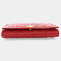 Chanel Red Lambskin Boy Wallet With Chain