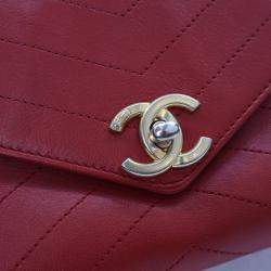 Chanel Red Calfskin Coco Chevron Envelope Small Flap Bag