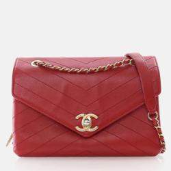 Chanel Red Calfskin Coco Chevron Envelope Small Flap Bag