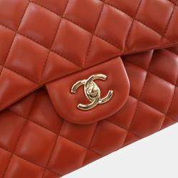 Pre Owned Chanel Red Classic Jumbo Double Flap Bag