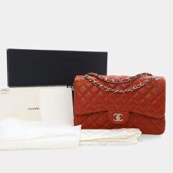 Pre Owned Chanel Red Classic Jumbo Double Flap Bag