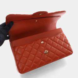 Pre Owned Chanel Red Classic Jumbo Double Flap Bag