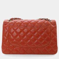 Pre Owned Chanel Red Classic Jumbo Double Flap Bag