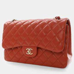 Pre Owned Chanel Red Classic Jumbo Double Flap Bag
