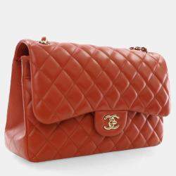 Pre Owned Chanel Red Classic Jumbo Double Flap Bag