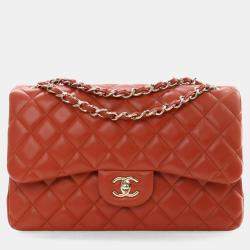 Pre Owned Chanel Red Classic Jumbo Double Flap Bag