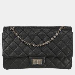 Pre Owned Chanel Black Calfskin 2.55 Jumbo Classic Double Flap Shoulder Bag