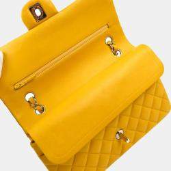 Pre Owned Chanel Yellow Lambskin Medium Classic Double Flap Shoulder Bag