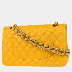 Pre Owned Chanel Yellow Lambskin Medium Classic Double Flap Shoulder Bag