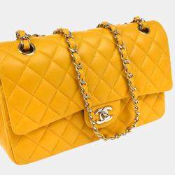 Pre Owned Chanel Yellow Lambskin Medium Classic Double Flap Shoulder Bag