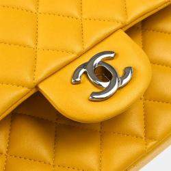 Pre Owned Chanel Yellow Lambskin Medium Classic Double Flap Shoulder Bag