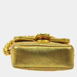 Pre Owned Chanel Gold Lambskin Micro Classic Flap Shoulder Bag