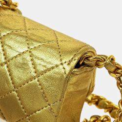 Pre Owned Chanel Gold Lambskin Micro Classic Flap Shoulder Bag