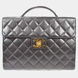 Chanel Black Lambskin Quilted Briefcase Laptop Bag 