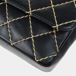 Pre Owned Chanel Black Calfskin Wild Stitch Single Flap Shoulder Bag