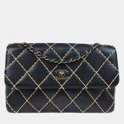 Pre Owned Chanel Black Calfskin Wild Stitch Single Flap Shoulder Bag