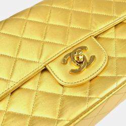 Pre Owned Chanel Gold Lambskin Quilted CC Classic Flap Top Handle Bag