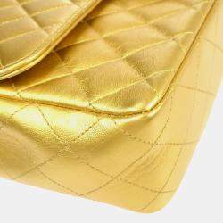 Pre Owned Chanel Gold Lambskin Quilted CC Classic Flap Top Handle Bag