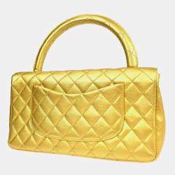 Pre Owned Chanel Gold Lambskin Quilted CC Classic Flap Top Handle Bag