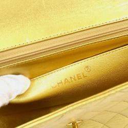 Pre Owned Chanel Gold Lambskin Quilted CC Classic Flap Top Handle Bag