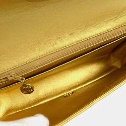 Pre Owned Chanel Gold Lambskin Quilted CC Classic Flap Top Handle Bag