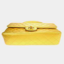 Pre Owned Chanel Gold Lambskin Quilted CC Classic Flap Top Handle Bag