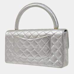 Pre Owned Chanel Silver Lambskin Quilted CC Top Handle Handbag