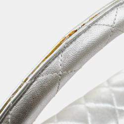 Pre Owned Chanel Silver Lambskin Quilted CC Top Handle Handbag