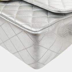 Pre Owned Chanel Silver Lambskin Quilted CC Top Handle Handbag