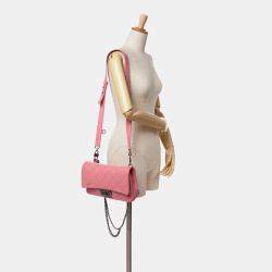 Pre Owned Chanel Pink Small Quilted Shiny Goatskin Double Carry Waist Chain Flap
