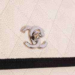 Chanel Beige CC Bicolor Quilted Caviar and Grosgrain Top Handle Flap