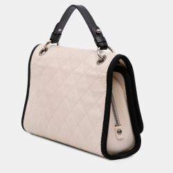 Chanel Beige CC Bicolor Quilted Caviar and Grosgrain Top Handle Flap