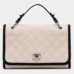 Chanel Beige CC Bicolor Quilted Caviar and Grosgrain Top Handle Flap