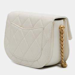 Pre Owned Chanel White CC Quilted Lambskin Round Moon Messenger Flap