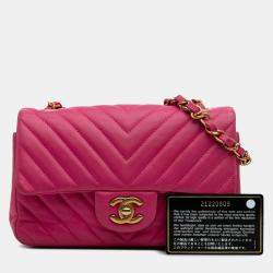 Pre Owned Chanel Pink Mini Rectangular Classic Chevron Lambskin Single Flap