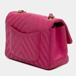 Pre Owned Chanel Pink Mini Rectangular Classic Chevron Lambskin Single Flap