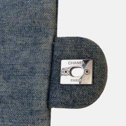 Pre Owned Chanel Blue Medium Embroidered Denim Camellia Flap